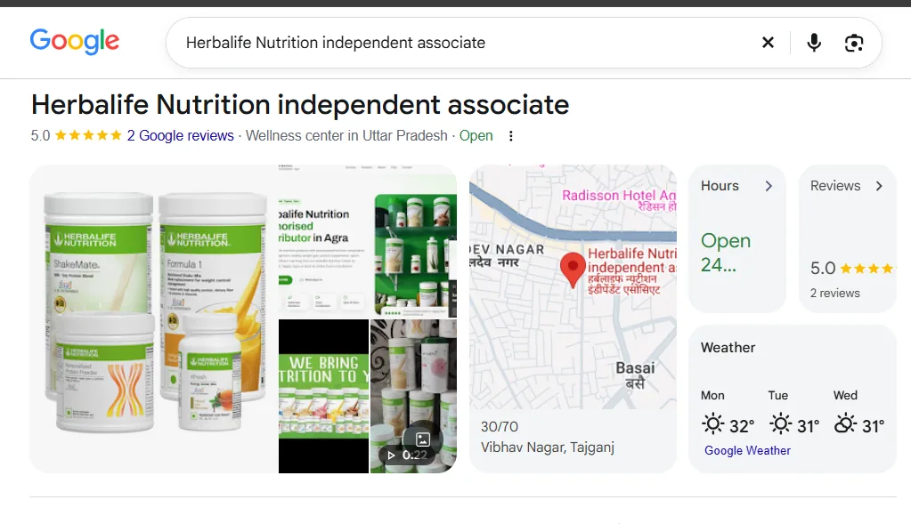 A Herbalife nutrition club ranking on Google Search with a 5.0 rating