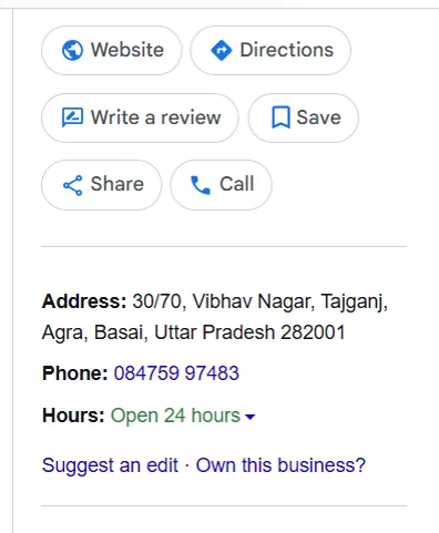 Profile with call, directions, website and review buttons